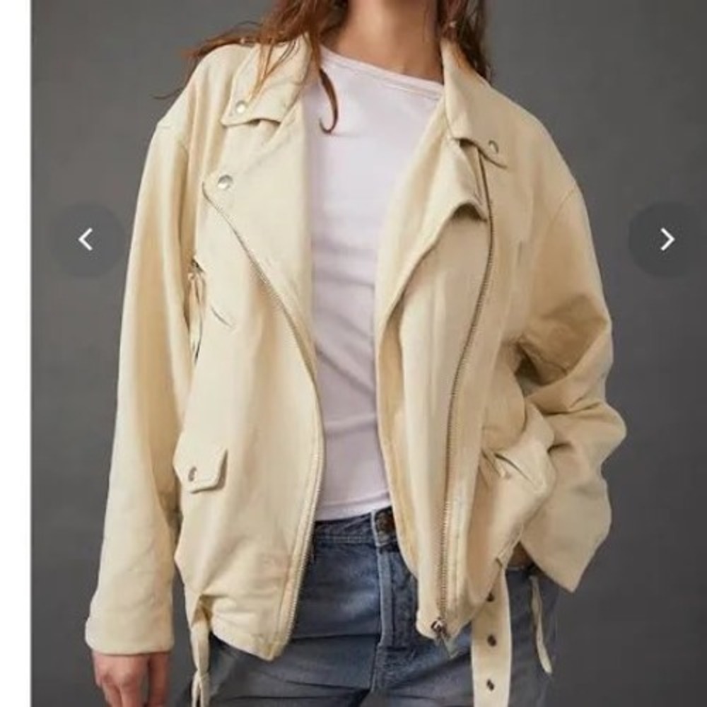 We The Free Free People Cream Cotton Moto‎ Jacket Belted Asymmetric Zip XS